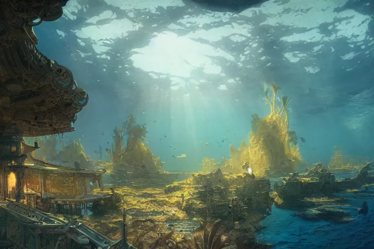 Prompt: a scenic landscaping view of the lost and abandoned city of Atlantic under water, ray of sunlight, mermaids in distance, Greg Rutkowski, Moebius, Mohrbacher, Mucha, blue and gold color scheme, ultra wide angle, light effect