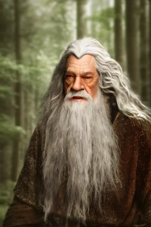 Prompt: A full body portrait of Gandalf in a forest, tilt shift, bokeh, detailed, realistic