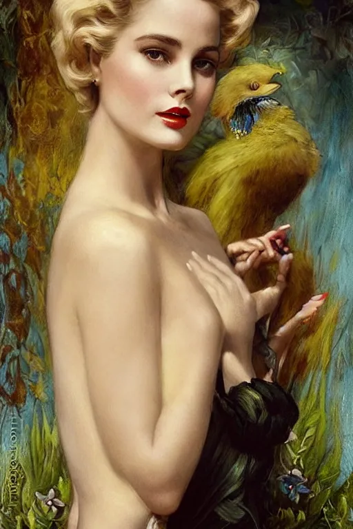 Image similar to A young and extremely beautiful Grace Kelly explaining the birds and the bees by Tom Bagshaw in the style of a modern Gaston Bussière, art nouveau, art deco, surrealism. Extremely lush detail. Melancholic night scene. Perfect composition and lighting. Profoundly surreal. High-contrast lush surrealistic photorealism. Sultry and mischievous expression on her face.