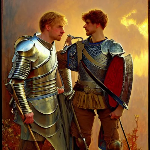 Image similar to attractive arthur pendragon and his attractive male knight, they are in love, natural lighting, path traced, highly detailed, high quality, digital painting, by gaston bussiere, craig mullins, alphonse mucha j. c. leyendecker