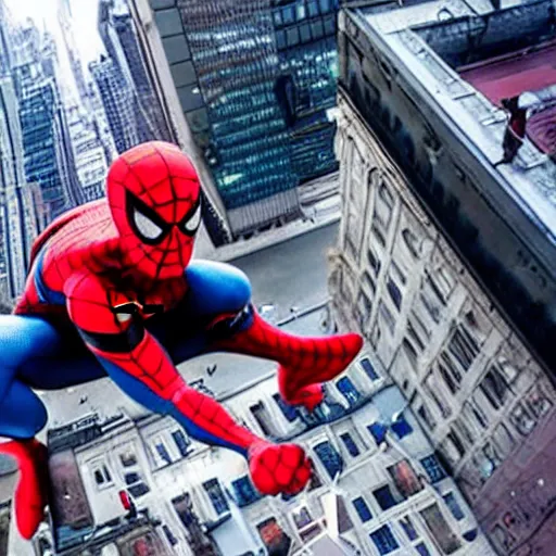 Image similar to GoPro footage of Spider-Man swinging through the city