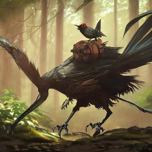 Image similar to concept art painting of an anthropomorphic humanoid steampunk crow, in the deep forest, realistic, detailed, cel shaded, in the style of makoto shinkai and greg rutkowski and james gurney