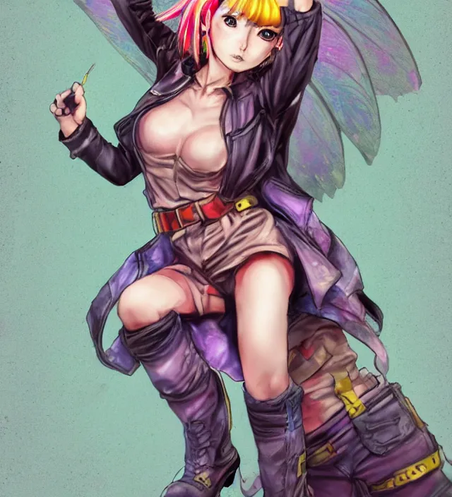 Image similar to full body pose, hd, manga anime portrait of a fairy girl in combat boots and overalls, rainbow hair, in ishikawa ken frank miller jim lee alex ross style detailed trending award winning on flickr artstation,