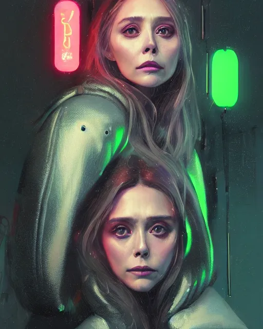 Image similar to detailed portrait of elizabeth olsen as a neon operator girl, cyberpunk futuristic, neon, reflective puffy coat, decorated with traditional japanese by ismail inceoglu dragan bibin hans thoma greg rutkowski alexandros pyromallis nekro rene margitte, illustrated, perfect face, fine details, realistic shaded, fine - face, pretty face