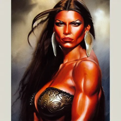 Image similar to detailed oil portrait of tall hyper - muscular shining bronze - skinned warrior woman with silver eyes, full body, with long wavy flowing black hair and big gold earrings, jewelry, red lipstick, makeup, feminine, volumetric lighting, dynamic composition, art by boris vallejo, scifi, concept art