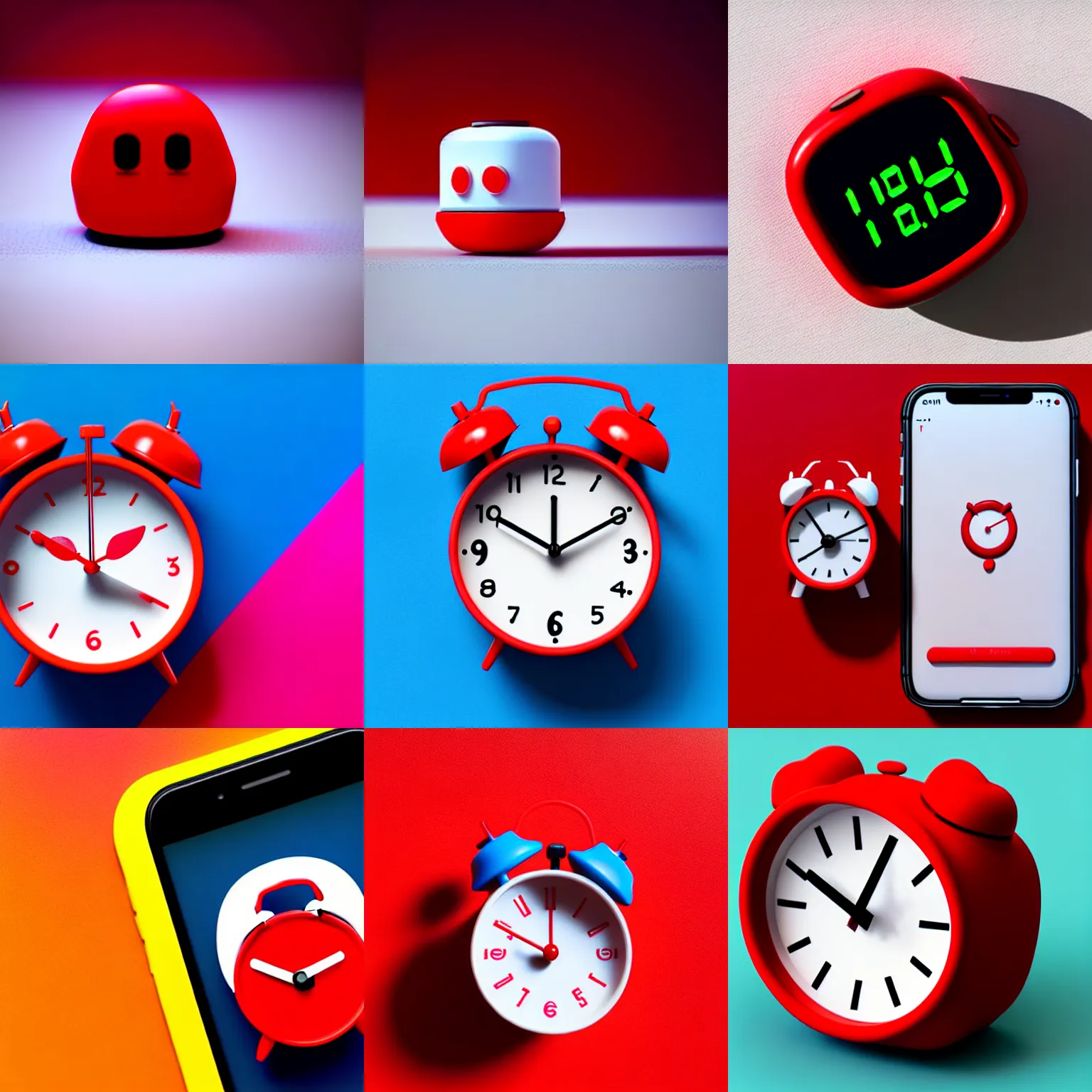 Image similar to Very tiny red alarm clock that looks like the iOS emoji and has the same colors, 3D clay render, 4k UHD, white background, isometric top down left view, diffuse lighting, zoomed out very far