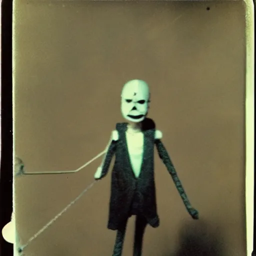 Prompt: creepy marionette puppet towards viewer, horror, lost photograph, forgotten, final photo found before disaster, polaroid,