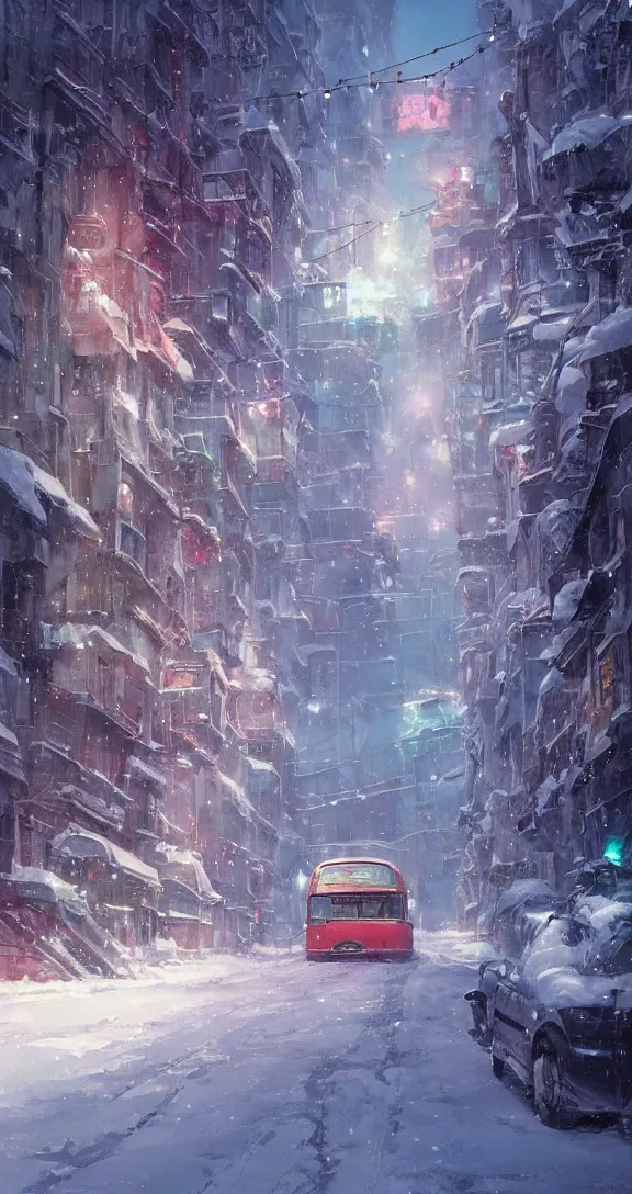 Prompt: A bus in a snowy city, bright, pretty, by Studio Ghibli and Greg Rutkowski, artstation