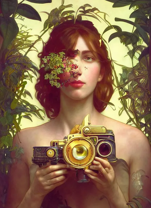 Image similar to hyper realistic photographer looking through a vintage medium format camera, design on white background, beautiful details, lush foliage cyberpunk, gold, drawn by john singer sargent, tom bagshaw, norman rockwell, alphonso mucha, lolish, trending on artstation