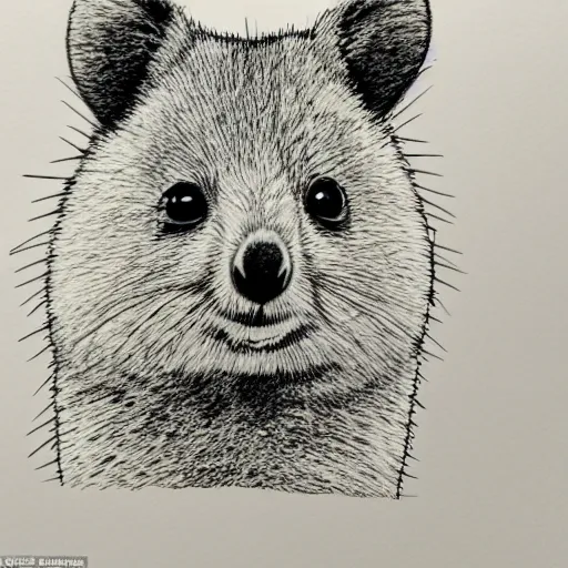 Prompt: portrait of a happy quokka, mcu, drawn with a single line, line drawing, art, minimalist, continuous line drawing, sakura pigma micron,