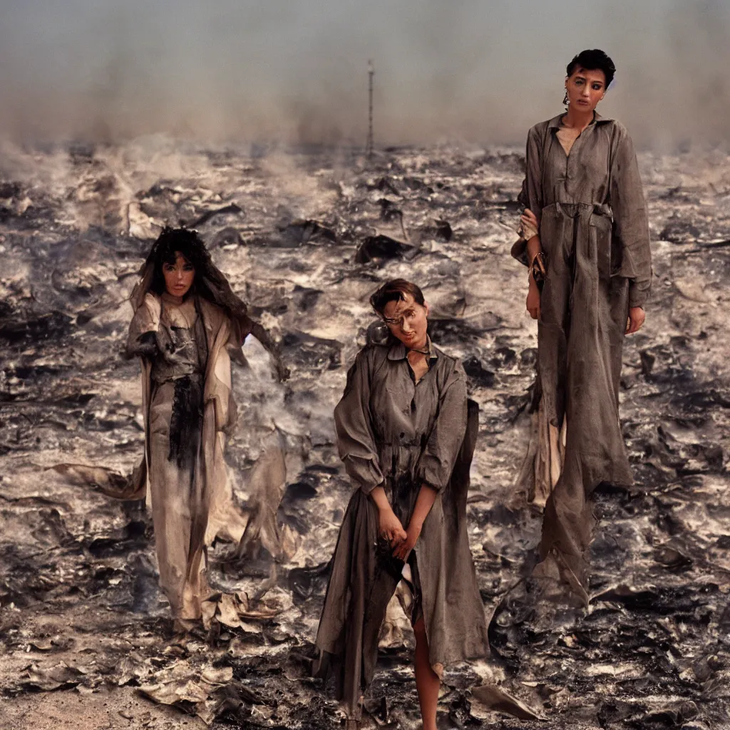 Image similar to portrait photograph fashion editorial in Kuwait oil fields fire. 1991. wide angle shot. highly detailed. depth of field. high definition. 8k. photography.