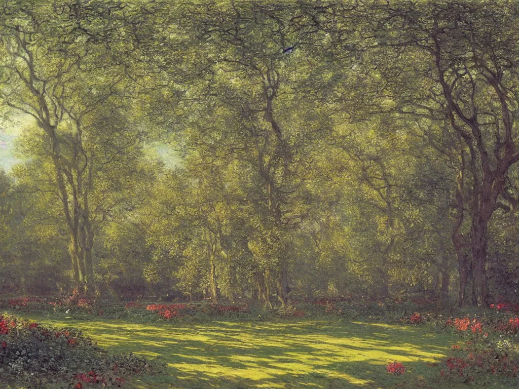 Image similar to a park with many beautiful flowers, by caspar david friedrich, by claude monet, canvas, paint, oil paint, tempera paint, dripping paint, splatter paint, macro, dof, insanely detailed and intricate, hypermaximalist, elegant, ornate, hyper realistic, super detailed