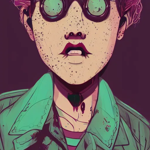 Image similar to Highly detailed portrait of pretty punk zombie young lady with freckles by Atey Ghailan, by Loish, by Bryan Lee O'Malley, by Cliff Chiang, inspired by image comics, inspired by graphic novel cover art, inspired by papergirls !! Gradient color scheme ((grafitti tag brick wall background)), trending on artstation