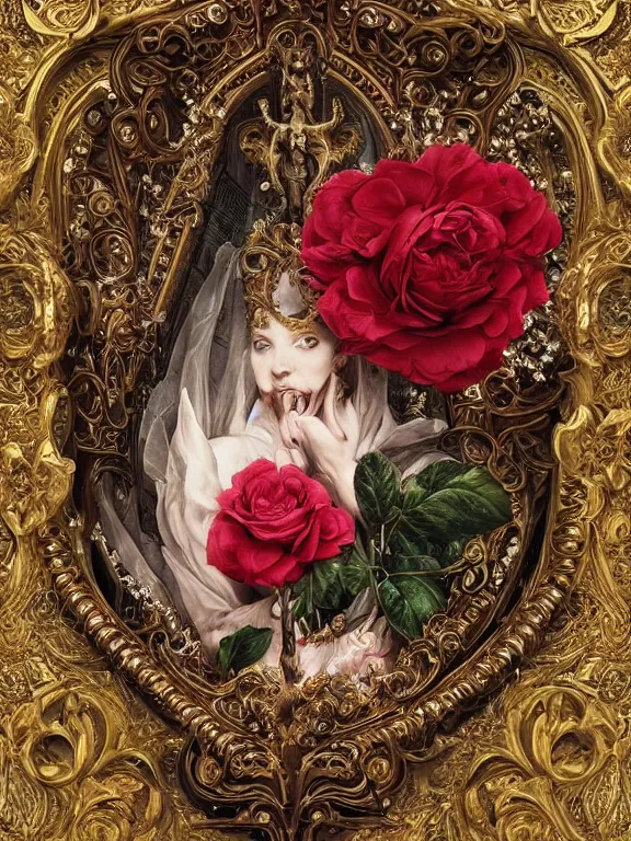 Image similar to a beautiful render of a recatholic rococo roses veiled red queen with baroque symmetry intricate detailed ,heart,pray,love,crystal-embellished,by Daveed Benito,LEdmund Leighton,Virginie Ropars,aaron horkey,Billelis,trending on pinterest,maximalist,glittering,golden ratio,cinematic lighting