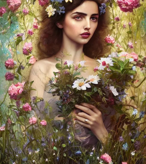 Prompt: portrait of ana de armas in 3 0 s, surrounded by flowers by karol bak, james jean, tom bagshaw, rococo, trending on artstation, cinematic lighting, hyper realism, octane render, 8 k, hyper detailed