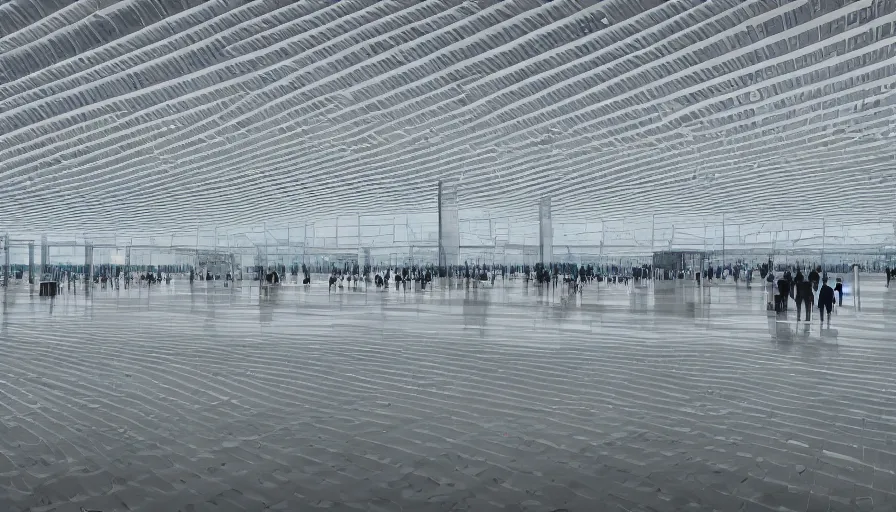 Prompt: shanghai pudong international airport interior, a huge white space with thin white columns evenly spaced and a corrugated roof that undulates slightly, silence, lightness, light, shadows, reflections, epic composition, intricate, elegant, volumetric lighting, digital painting, highly detailed, artstation, sharp focus, illustration, concept art, ruan jia, steve mccurry