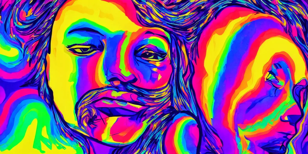 Image similar to a painting of a human head with a rainbow in the background, a pop art painting by Lisa Frank, shutterstock contest winner, psychedelic art, psychedelic, colorful, vivid colors