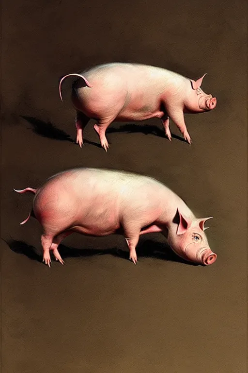 Prompt: pig dance by greg rutkowski, giger, maxim verehin, goya