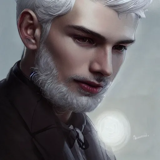 Image similar to ultra realistic illustration, young man with gray skin, short white hair, intricate, with dark clothes, elegant, highly detailed, digital painting, artstation, concept art, smooth, sharp focus, illustration, art by artgerm and greg rutkowski and alphonse mucha