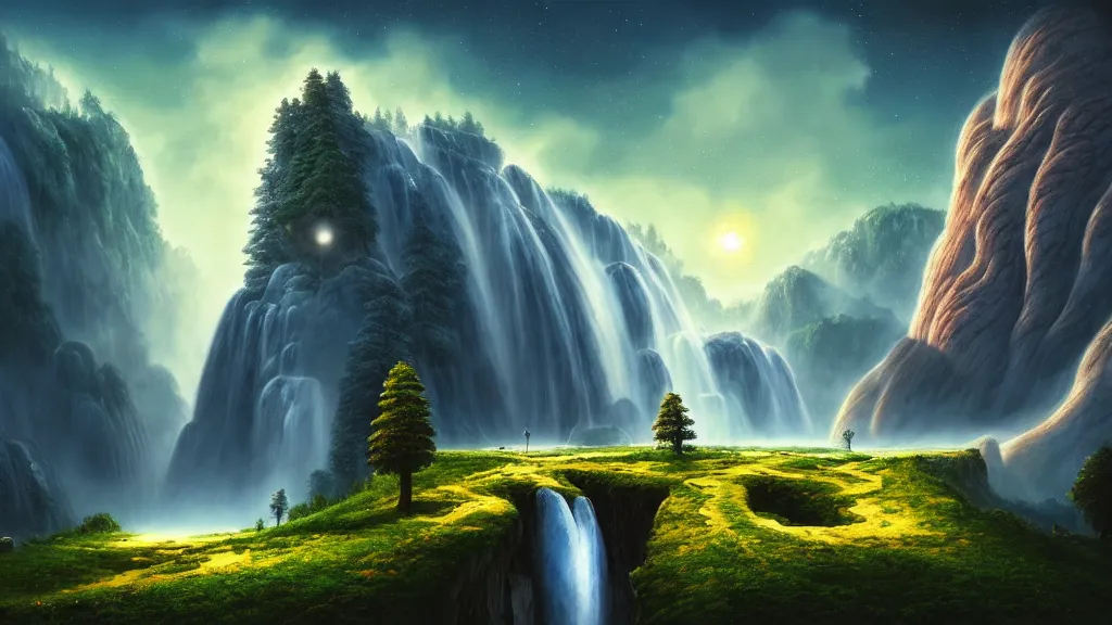 Prompt: gediminas pranckevicius an landscape view, epic insane godray dawn sky, galaxies and star in the sky, immense waterfall, giant sequoia, massive mountains, epic composition, 4 k, detailed, realistic