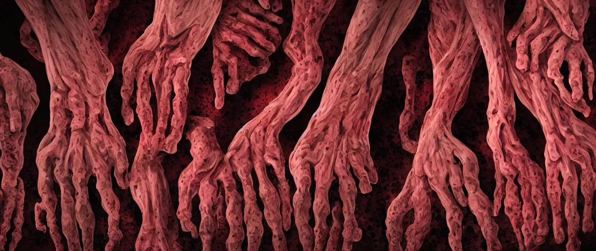 Image similar to human body entirely made up of feet, horror, scary, dark, nightmare, detail, high detail, red colors