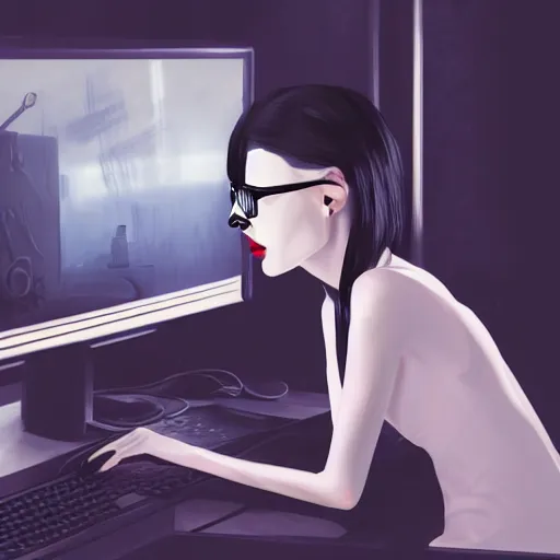 Image similar to skinny goth computer geek sitting in a dark room in front of a computer screen, highly detailed, digital painting, artstation, concept art, soft light, sharp focus, illustration