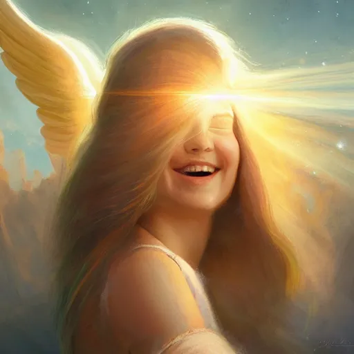 Image similar to a painting of an angel, a young woman with long blond hair and a halo smiling in heaven, jessica rossier