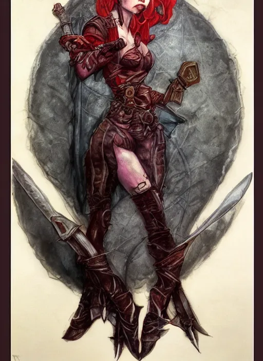 Image similar to portrait of strong female rogue, beautiful! coherent! dungeons and dragons character, by brian froud, strong line, night color, leather armor, short red hair, high contrast