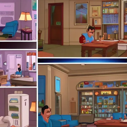 Prompt: Screenshot from Disney Pixar's Seinfeld (2022), inside Jerry's apartment