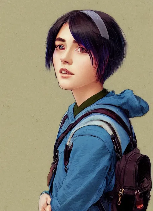 Prompt: Close-up portrait of kind young woman with short blue hair in a bob cut, with a backpack, slightly dirty face, transparent background, png, highly detailed, digital painting, artstation, concept art, sharp focus, illustration, art by artgerm and greg rutkowski and alphonse mucha