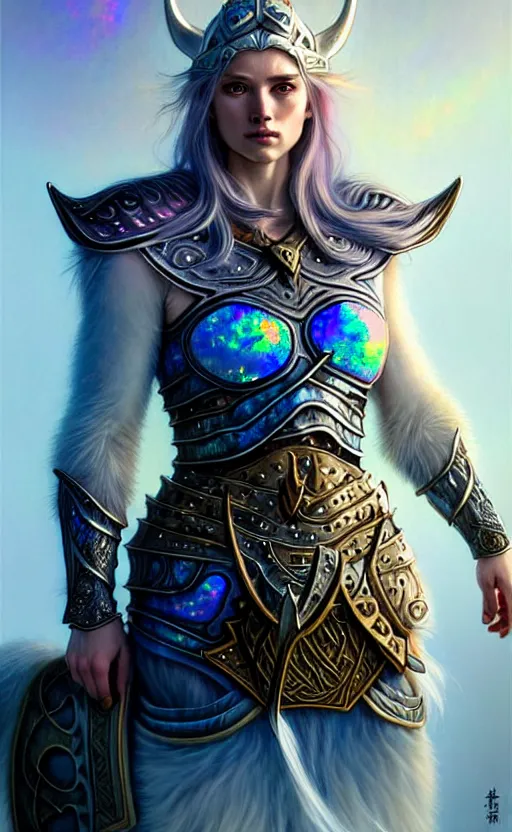 Image similar to iridescent opal viking warrior, wolf armor, winter, morandi color scheme, hd, illustration, epic, d & d, fantasy, intricate, elegant, highly detailed, wide angle, digital painting, artstation, concept art, smooth, sharp focus, illustration, wallpaper, art by artgerm and greg rutkowski and alphonse mucha and jin xiaodi