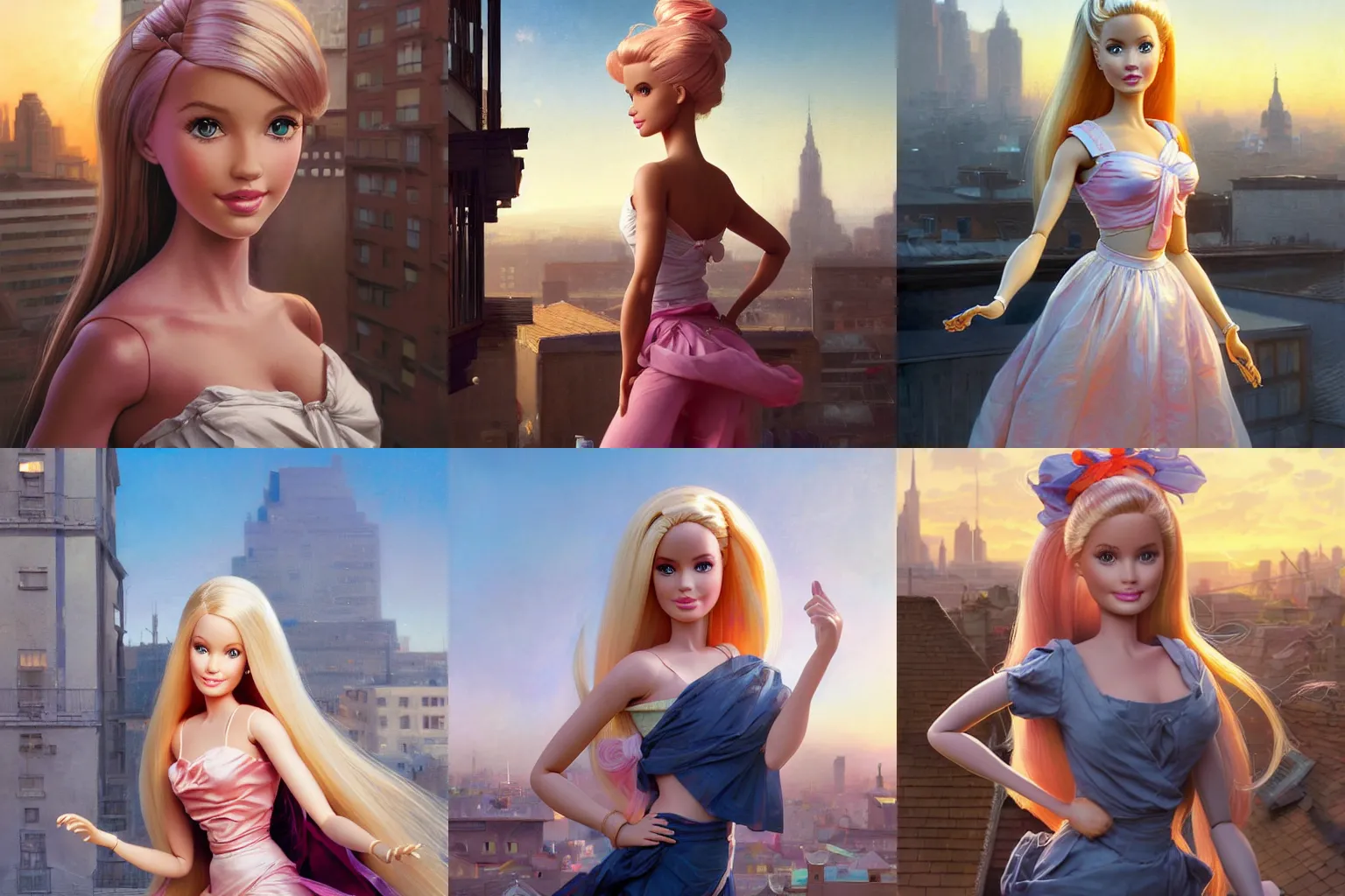 Prompt: A digital painting of a portrait of Barbie doll alone on a rooftop during Golden Hour. masterpiece 4k digital illustration by Ruan Jia and Mandy Jurgens and Artgerm and greg rutkowski and Alexander Tsaruk and WLOP and william-adolphe bouguereau, marvel comics, dark, intricate, highly detailed, smooth, artstation, digital illustration by Ruan Jia and Mandy Jurgens and Artgerm and Wayne Barlowe and Greg Rutkowski and Frank Frazetta , award winning, Artstation, art nouveau aesthetic, Alphonse Mucha background, intricate details, realistic, panoramic view, Hyperdetailed, 8k resolution, intricate art nouveau