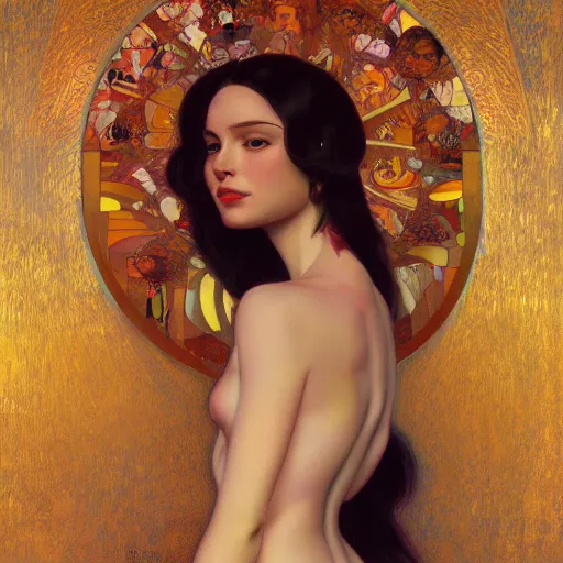 Prompt: modern woman | hyperrealistic | digital painting | trending on artstation | pinup portrait | clean | illustration | dressed | Unreal Engine 5 | 8k resolution | by Greg Rutkowski Alphonse Mucha Gustav Klimt and Mel Ramos