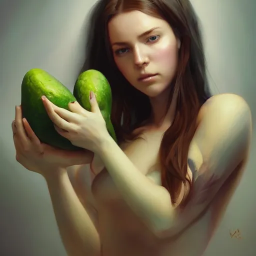 Image similar to lauren walsh lovingly cradling an avacado, fullbody, ultra high detailed, oil painting, greg rutkowski, charlie bowater, yuumei, yanjun cheng, lauren walsh, unreal 5, daz, hyperrealistic, octane render, rpg portrait, dynamic lighting, fantasy art, beautiful face