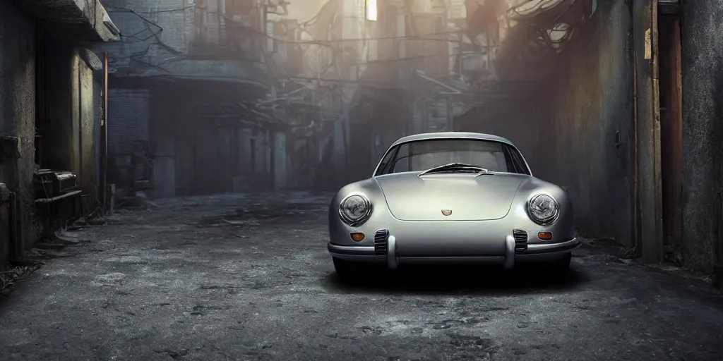 Prompt: a wholesome animation key shot of a focused old silver Porsche car parked in an abandoned alleyway, medium shot, waist up, studio Ghibli, Pixar and Disney animation, sharp, very detailed, high resolution, Rendered in Unreal Engine 5, anime key art by Greg Rutkowski, Bloom, dramatic lighting