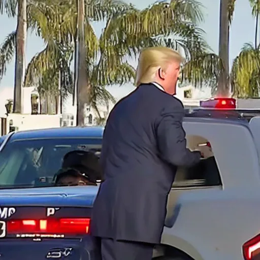 Image similar to Newscast still of Donald Trump being handcuffed and arrested and put into a cop car at mar-a-lago