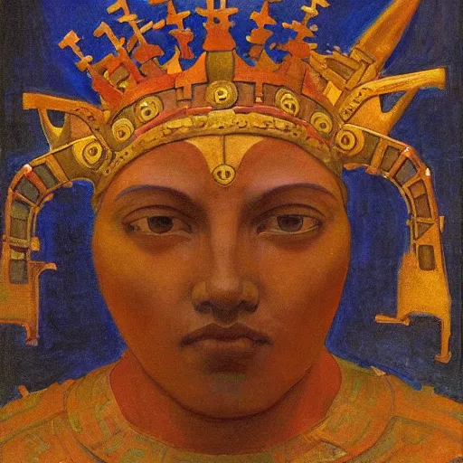 Prompt: the iron crown, by Annie Swynnerton and Nicholas Roerich and Diego Rivera, bioluminescent skin, elaborate costume, geometric ornament, symbolist, rich color, dramatic cinematic lighting, smooth, sharp focus, extremely detailed