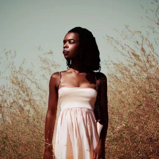 Image similar to portrait photograph of an elegant black woman wearing a sundress in Santa Monica. super resolution. 85 mm f1.8 lens.bokeh.graflex. Alessio albi