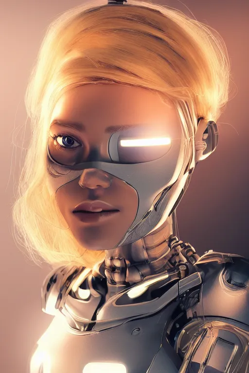 Image similar to a beautiful woman with blonde hair wearing robot suit with wires and light, highly detailed, photorealistic, artstation, smooth