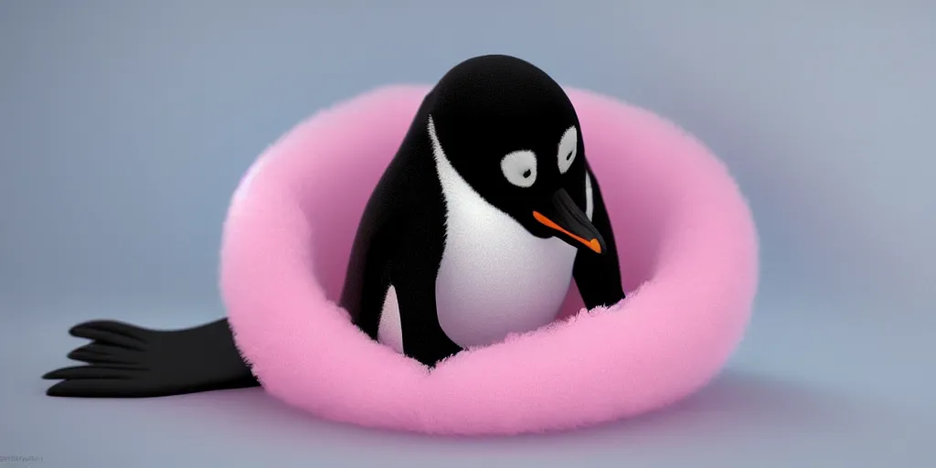 Image similar to cute realistic penguin sitting in an pink fluffy bed, unreal 5