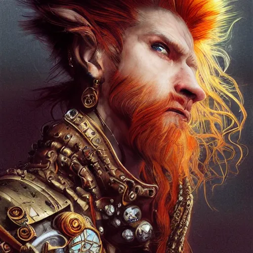 Image similar to portrait, headshot, insanely nice hair style, dramatic hair color, digital painting, of a old 17th century, old cyborg merchant, amber jewels, baroque, ornate clothing, scifi, realistic, hyperdetailed, chiaroscuro, concept art, art by Franz Hals and Jon Foster and Ayami Kojima and Amano and Karol Bak,