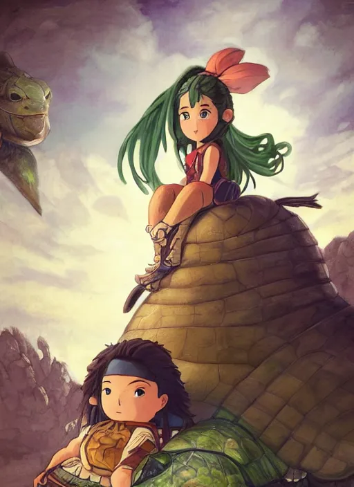 Image similar to portrait of a little warrior girl character sitting on top of a giant armored turtle in the desert, studio ghibli epic character with dark skin and beautiful green eyes. the girl has a very beautiful detailed symmetrical face, long black hair, the turtle has a big smiling face and closed eyes, bright colors, diffuse light, dramatic landscape, fantasy illustration