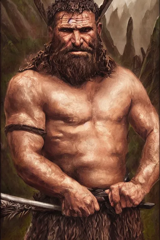 Image similar to a full body fantasy portrait oil painting illustration of a single rugged stoic barbarian man by Justin Sweet with face and body clearly visible, d&d, rpg, forgotten realms, artstation trending, high quality, sombre mood, artstation trending, muted colours, no crop, entire character,