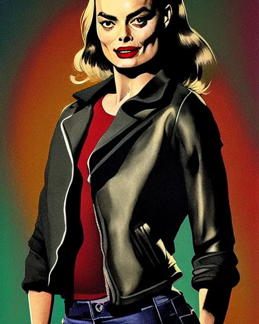 Prompt: Rafael Albuquerque art, Norman Rockwell art, pretty Margot Robbie as a vampire sharp teeth evil smile with 5 long sharp fingers, symmetrical face symmetrical eyes, leather jacket, jeans