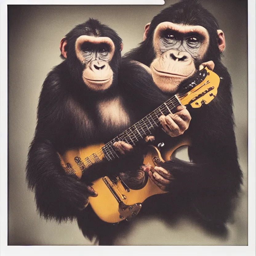 Image similar to portrait of an ape playing a guitar, polaroid