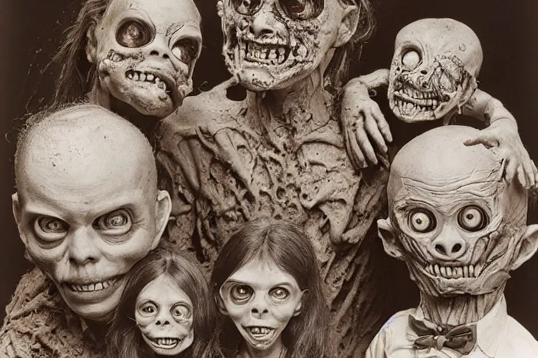 Prompt: studio portrait of a happy creepy mud clay family by bob bottin, horror grotesque, realistic detailed photography 1 9 7 0's