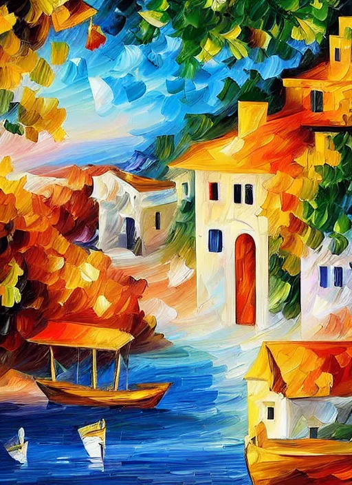 Image similar to beautiful seaside greek village in the style of leonid afremov