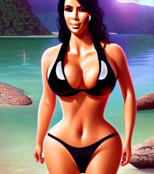 Image similar to professional photo of kim kardashian wearing a hooters outfit, posed by a lake, intricate, elegant, highly detailed, cinematic, instagram, sleek, smooth, sharp focus, illustration, by artgerm and greg rutkowski and alphonse mucha