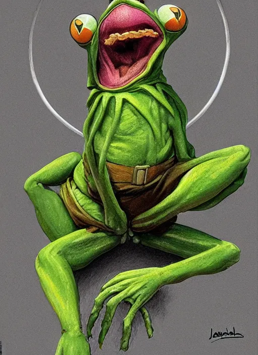 Prompt: portrait of a deformed kermit the frog in the thing ( 1 9 8 2 ), highly detailed, centered, solid color background, digital painting, artstation, concept art, smooth, sharp focus, illustration, artgerm, donato giancola, joseph christian leyendecker, les edwards, ed repka, wlop, artgerm