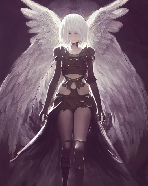 Prompt: hybrid nierautomata painting, ambient lighting, angel relief, fine art, infinitely detailed architectures